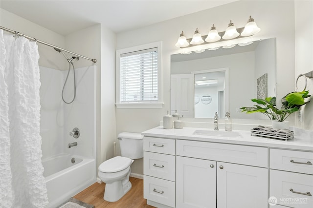 3303 174th Pl SE, Bothell, WA 98012 - bathroom featuring vanity, wood finished floors, and shower / bathtub combination with curtain
