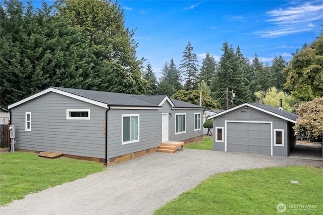 25405 36th Ave E, Spanaway, WA 98387 - ranch-style house with crawl space, an outdoor structure, a front lawn, driveway, and a garage