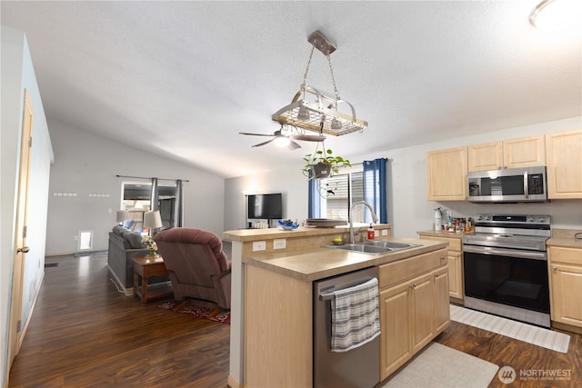 6321 199th Loop SW, Rochester, WA 98579 - kitchen featuring stainless steel appliances, light brown cabinets, open floor plan, dark wood finished floors, and lofted ceiling