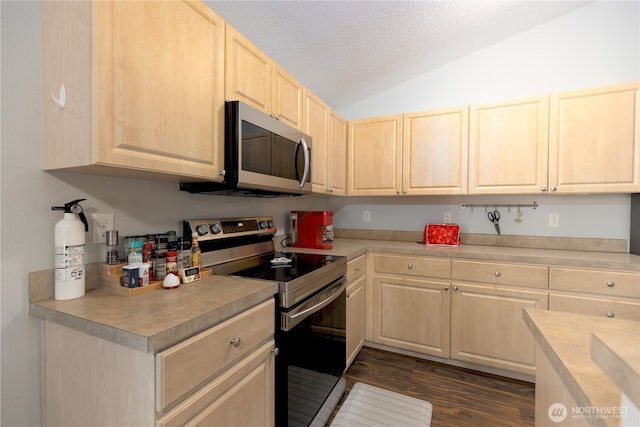 6321 199th Loop SW, Rochester, WA 98579 - kitchen featuring stainless steel appliances, light brown cabinets, vaulted ceiling, light countertops, and dark wood-style floors