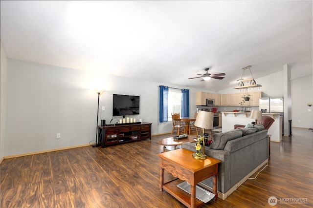 6321 199th Loop SW, Rochester, WA 98579 - living area featuring a ceiling fan, dark wood-type flooring, and lofted ceiling