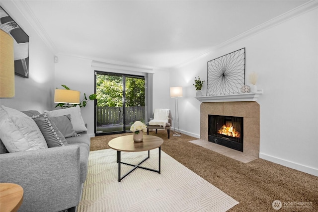 23405 16th Pl S Unit C104, Des Moines, WA 98198 - carpeted living room with ornamental molding and a tile fireplace