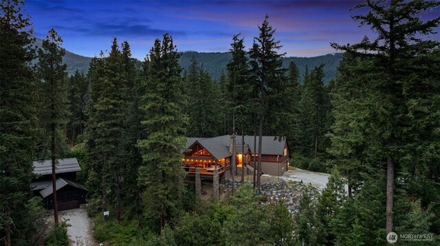 16060 Telemark Ln, Leavenworth, WA 98826 - back of property at dusk with a forest view, driveway, and a mountain view