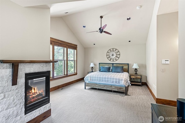 16060 Telemark Ln, Leavenworth, WA 98826 - bedroom featuring a glass covered fireplace, carpet flooring, and high vaulted ceiling