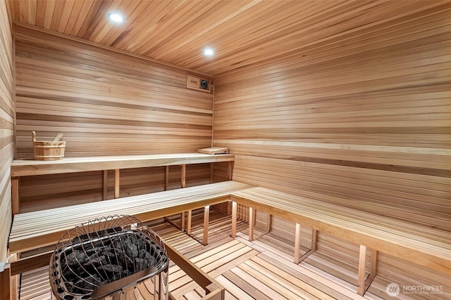 16060 Telemark Ln, Leavenworth, WA 98826 - relaxing sauna with recessed lighting, wood walls, and wood ceiling
