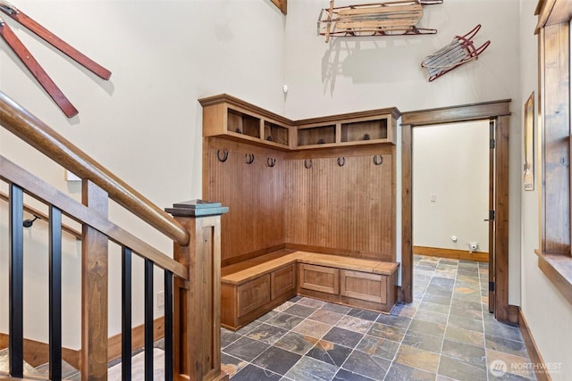 16060 Telemark Ln, Leavenworth, WA 98826 - mudroom featuring a towering ceiling and stone tile flooring