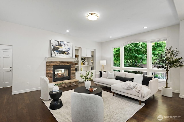 4935 163rd Pl SE, Bellevue, WA 98006 - living area with dark wood-style floors, a fireplace, and recessed lighting