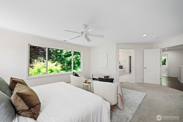 4935 163rd Pl SE, Bellevue, WA 98006 - bedroom with multiple windows, carpet flooring, ornamental molding, a ceiling fan, and recessed lighting