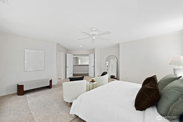 4935 163rd Pl SE, Bellevue, WA 98006 - carpeted bedroom featuring arched walkways, ornamental molding, and a ceiling fan