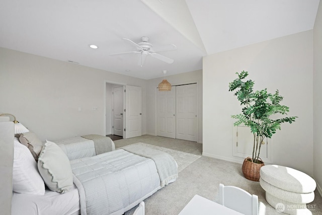 4935 163rd Pl SE, Bellevue, WA 98006 - bedroom with light carpet, a closet, a ceiling fan, and recessed lighting