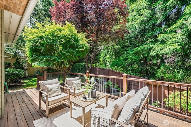 4935 163rd Pl SE, Bellevue, WA 98006 - deck featuring an outdoor hangout area and a fenced backyard