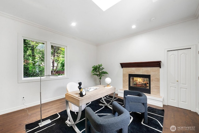 4935 163rd Pl SE, Bellevue, WA 98006 - office featuring dark wood-type flooring, a tile fireplace, crown molding, and recessed lighting