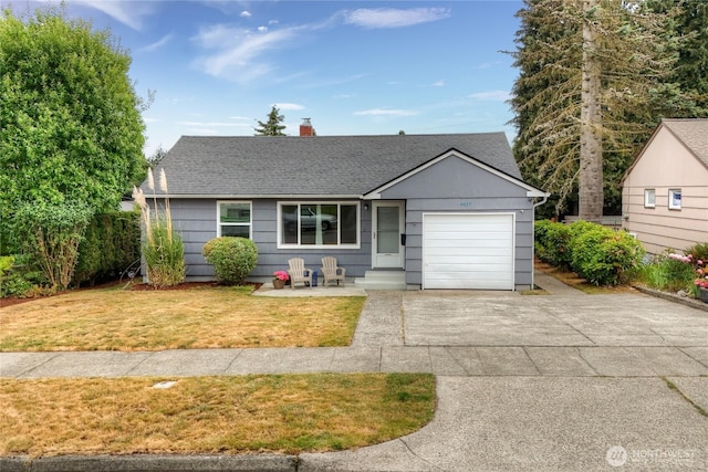 4637 N Visscher St, Tacoma, WA 98407 - view of front of house with a garage, driveway, a front yard, a chimney, and roof with shingles