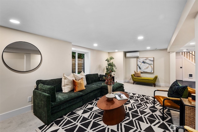 2939 36th Ave S, Seattle, WA 98144 - carpeted living room featuring an AC wall unit, recessed lighting, and stairway