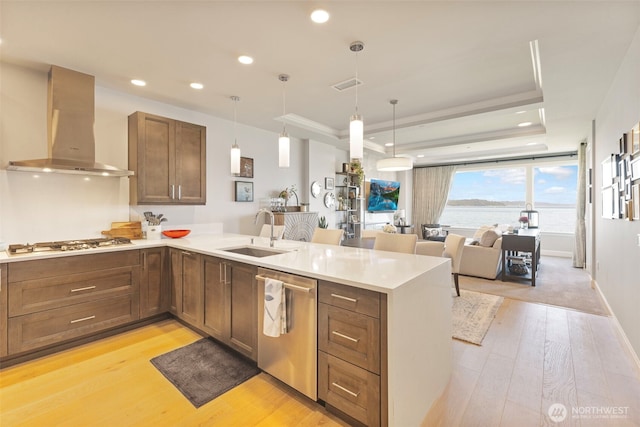 4907 Main St Unit 207, Tacoma, WA 98407 - kitchen featuring stainless steel appliances, wall chimney range hood, a peninsula, light wood finished floors, and light countertops