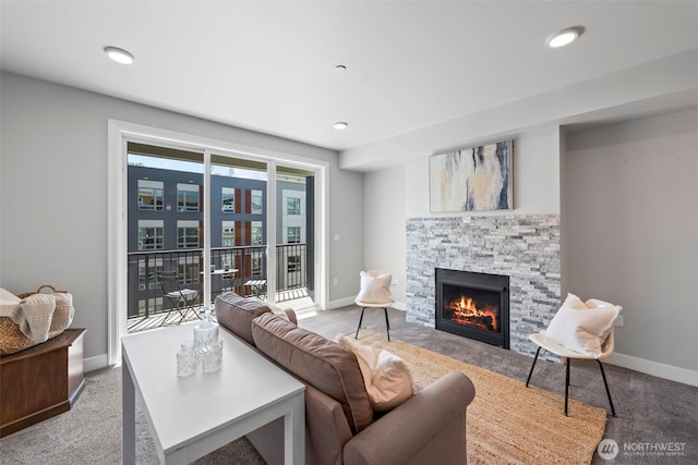 4961 Main St Unit 719, Tacoma, WA 98407 - living room with carpet, a fireplace, and recessed lighting