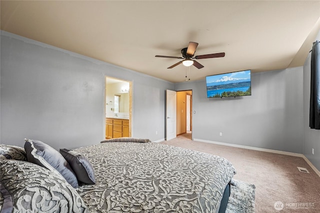 20523 193rd Avenue Ct E, Orting, WA 98360 - bedroom with light colored carpet, a ceiling fan, and ensuite bathroom