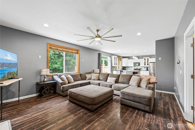20523 193rd Avenue Ct E, Orting, WA 98360 - living room featuring ceiling fan, dark wood-style floors, and recessed lighting