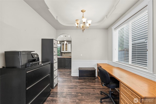 20523 193rd Avenue Ct E, Orting, WA 98360 - home office featuring a chandelier, dark wood finished floors, a wainscoted wall, and a tray ceiling