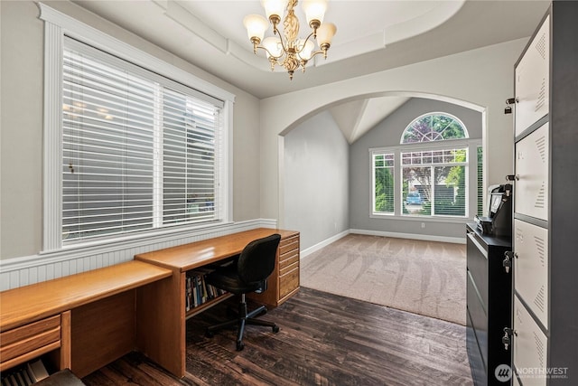 20523 193rd Avenue Ct E, Orting, WA 98360 - office featuring a chandelier, arched walkways, lofted ceiling, and dark wood finished floors