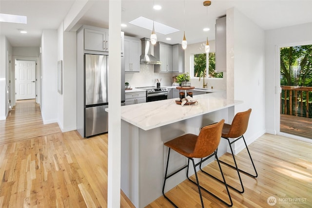 12569 37th Ave NE, Seattle, WA 98125 - kitchen featuring appliances with stainless steel finishes, a skylight, wall chimney range hood, gray cabinetry, and a peninsula