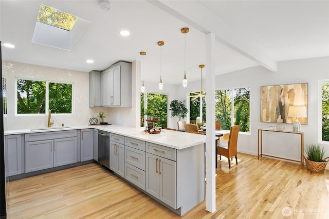 12569 37th Ave NE, Seattle, WA 98125 - kitchen with gray cabinets, a peninsula, light wood finished floors, a skylight, and recessed lighting