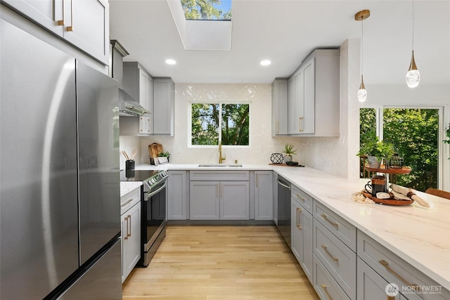 12569 37th Ave NE, Seattle, WA 98125 - kitchen with stainless steel appliances, gray cabinetry, wall chimney exhaust hood, light wood-type flooring, and recessed lighting