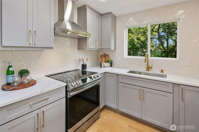 12569 37th Ave NE, Seattle, WA 98125 - kitchen featuring wall chimney range hood, stainless steel range with electric stovetop, gray cabinets, tasteful backsplash, and light stone counters