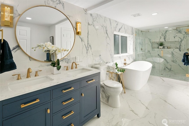 12569 37th Ave NE, Seattle, WA 98125 - full bath featuring tile walls, a marble finish shower, a soaking tub, double vanity, and recessed lighting