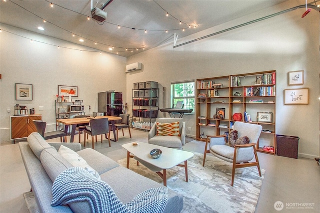 87 Levon Ln, Orcas Island, WA 98243 - living room featuring a wall mounted AC, rail lighting, and a high ceiling