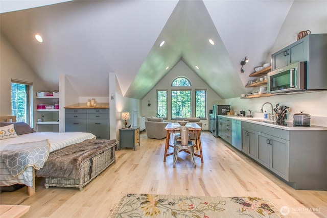87 Levon Ln, Orcas Island, WA 98243 - bedroom with vaulted ceiling, multiple windows, light wood-type flooring, freestanding refrigerator, and recessed lighting