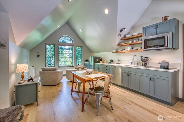 87 Levon Ln, Orcas Island, WA 98243 - kitchen featuring appliances with stainless steel finishes, lofted ceiling, light wood finished floors, light countertops, and open shelves