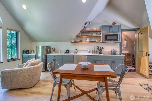87 Levon Ln, Orcas Island, WA 98243 - dining space with lofted ceiling, light wood-style flooring, and recessed lighting