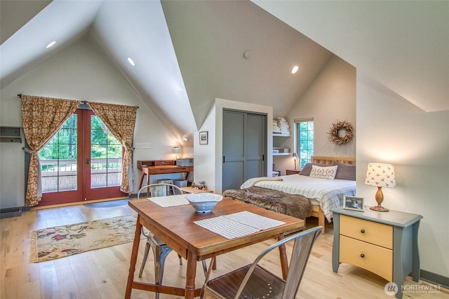 87 Levon Ln, Orcas Island, WA 98243 - dining area with recessed lighting, light wood-style flooring, and high vaulted ceiling