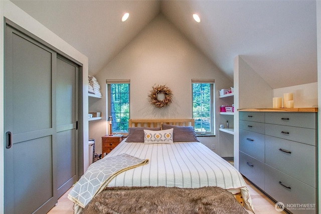 87 Levon Ln, Orcas Island, WA 98243 - bedroom featuring vaulted ceiling, recessed lighting, a closet, and light wood finished floors