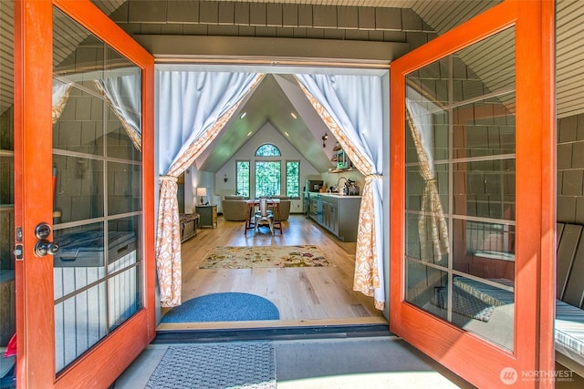 87 Levon Ln, Orcas Island, WA 98243 - entryway featuring wood finished floors and lofted ceiling
