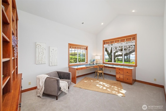 3851 Cliffside Dr, Bellingham, WA 98225 - office featuring built in study area, light colored carpet, high vaulted ceiling, and recessed lighting