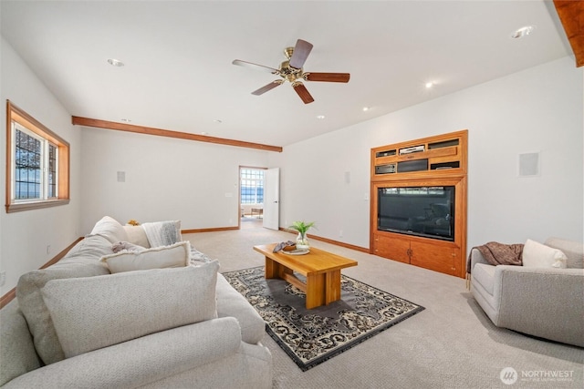 3851 Cliffside Dr, Bellingham, WA 98225 - carpeted living room with ceiling fan and recessed lighting
