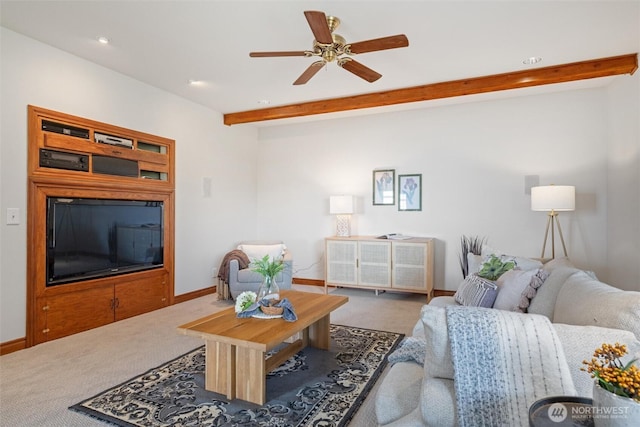 3851 Cliffside Dr, Bellingham, WA 98225 - carpeted living area featuring beamed ceiling, ceiling fan, and recessed lighting