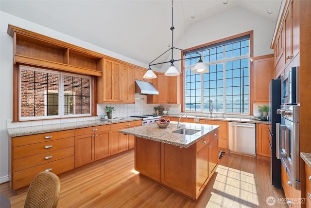 3851 Cliffside Dr, Bellingham, WA 98225 - kitchen featuring stainless steel appliances, light wood-style floors, tasteful backsplash, a center island with sink, and high vaulted ceiling