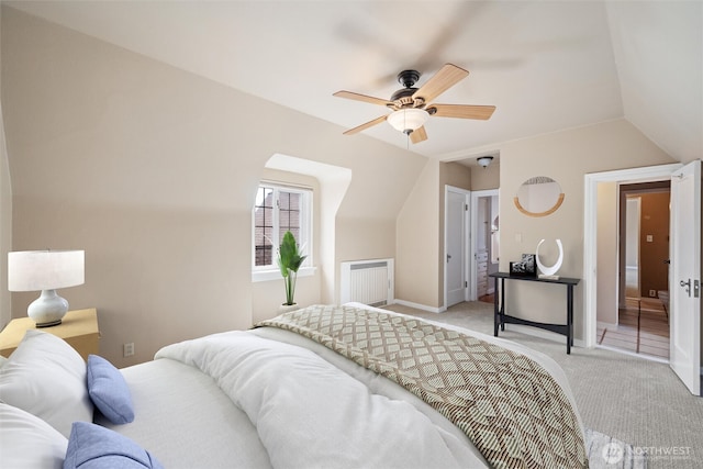 3851 Cliffside Dr, Bellingham, WA 98225 - bedroom with light colored carpet, vaulted ceiling, radiator, and a ceiling fan