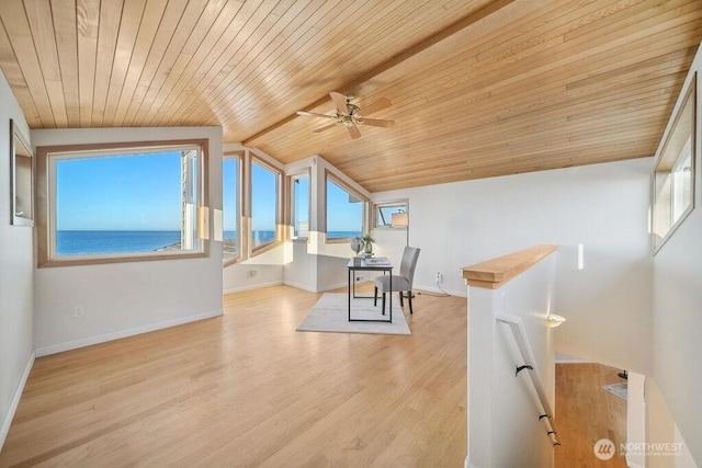12 Jamestown Beach Ln, Sequim, WA 98382 - unfurnished office with wooden ceiling, a ceiling fan, wood finished floors, lofted ceiling, and a water view