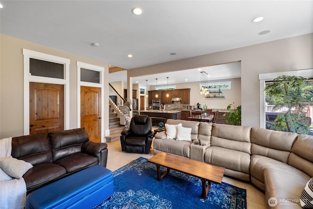 1132 121st St E, Tacoma, WA 98445 - living area with recessed lighting, light tile patterned floors, and stairway