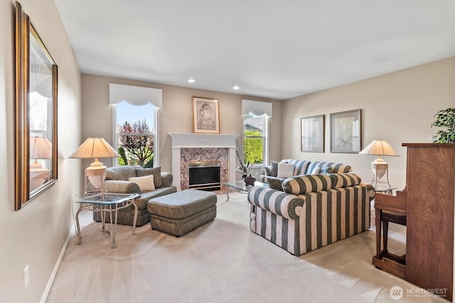 3819 Ridge Ct, Mount Vernon, WA 98274 - carpeted living room featuring a high end fireplace and recessed lighting