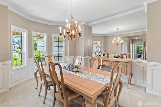 3819 Ridge Ct, Mount Vernon, WA 98274 - dining area with a chandelier, light carpet, a decorative wall, wainscoting, and crown molding