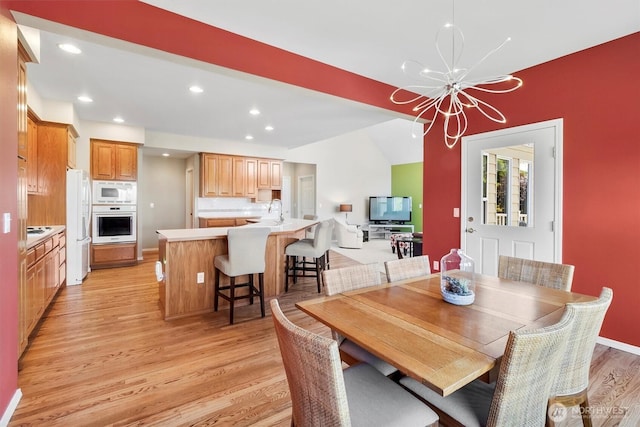 3819 Ridge Ct, Mount Vernon, WA 98274 - dining room with light wood finished floors, a chandelier, and recessed lighting