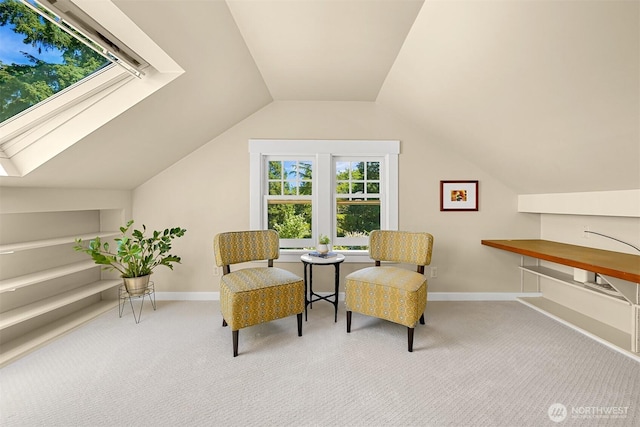 1800 Dakin St, Bellingham, WA 98229 - living area featuring carpet, vaulted ceiling, and a skylight