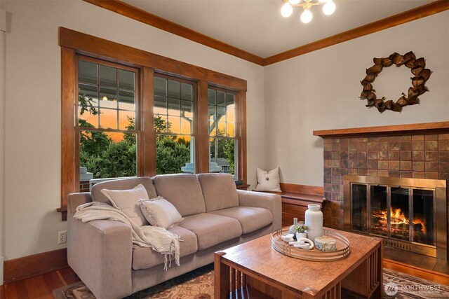 1800 Dakin St, Bellingham, WA 98229 - living room featuring wood finished floors, a glass covered fireplace, and crown molding