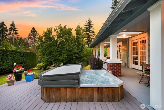 1800 Dakin St, Bellingham, WA 98229 - wooden terrace featuring a hot tub and french doors
