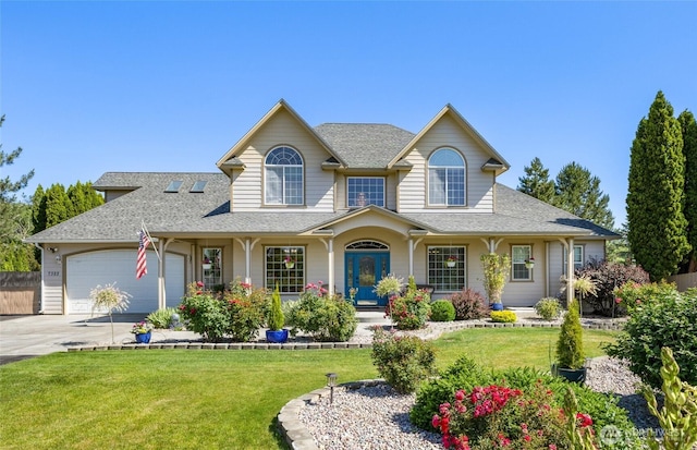 7322 NE Blue Goose Rd, Moses Lake, WA 98837 - view of front of home featuring a porch, concrete driveway, a front yard, a garage, and a shingled roof
